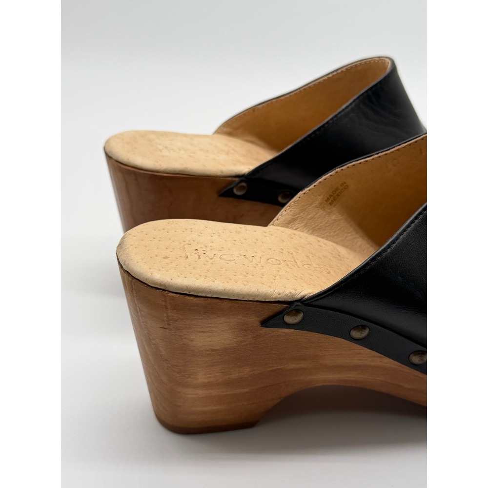 Anthropologie Five Worlds Clogs Sz 10 Black Leather Wood Platform Studded Mules - Picture 11 of 14